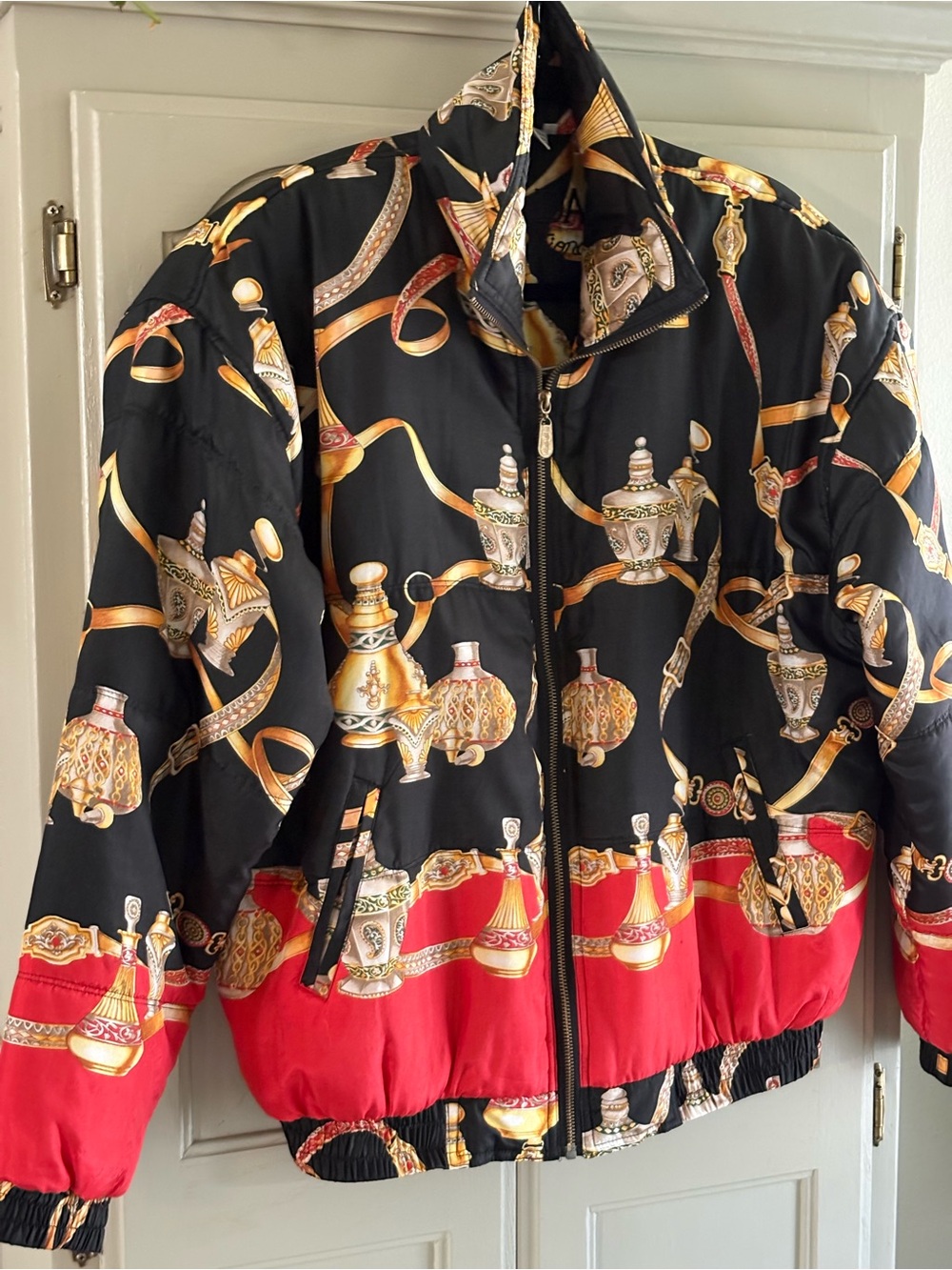 Vintage Fuda International 100% Silk Baroque Perfume Bottle Bomber Jacket  Large